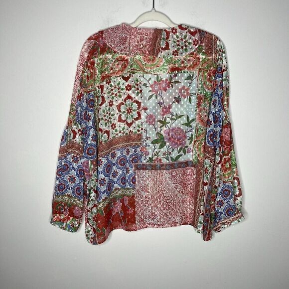 Zara Top Womens XL Patchwork Floral V Neck Ruffle Boho Swiss Dot Chiffon Blouse - Picture 6 of 16